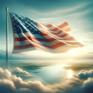 Американский флаг, развевающийся на ветру на фоне светлого неба, символизирующий надежду и возможности.